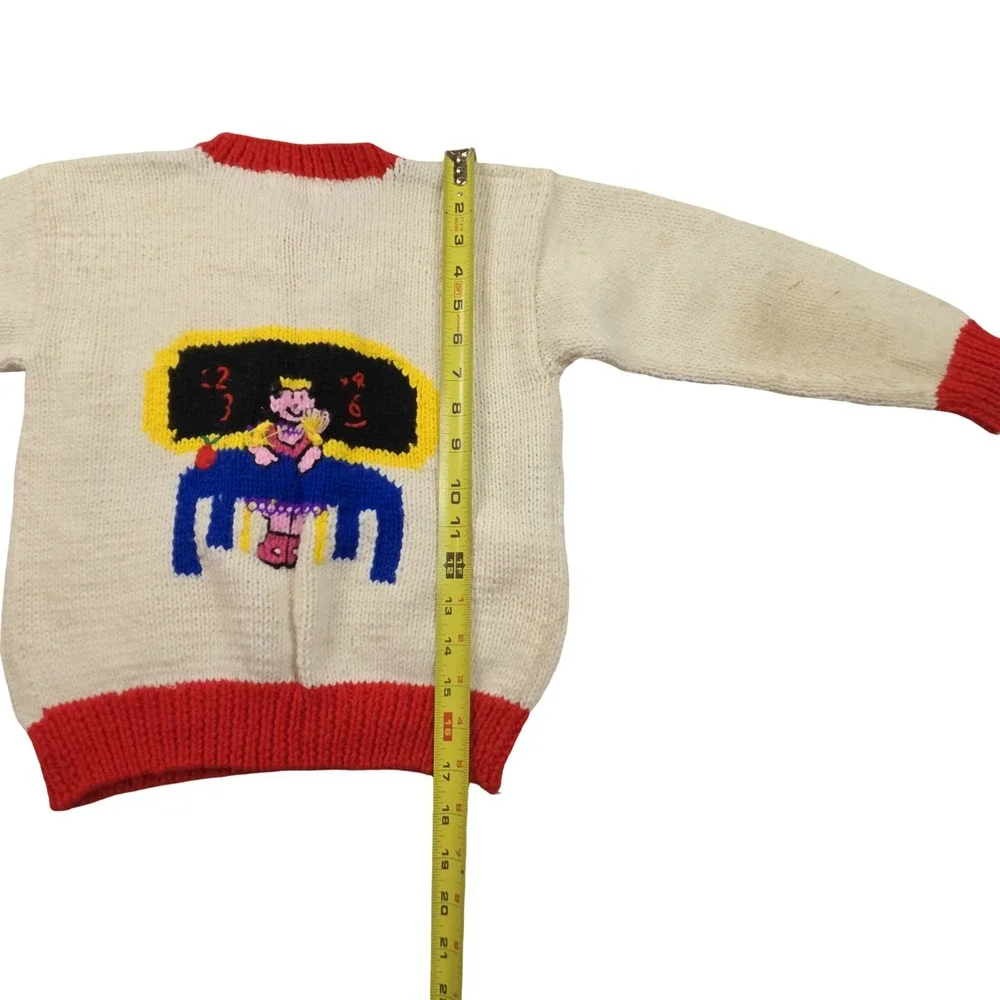 Vintage Hearts & Triangles Kids Knit Cardigan School Apple Embroidered Cream Red